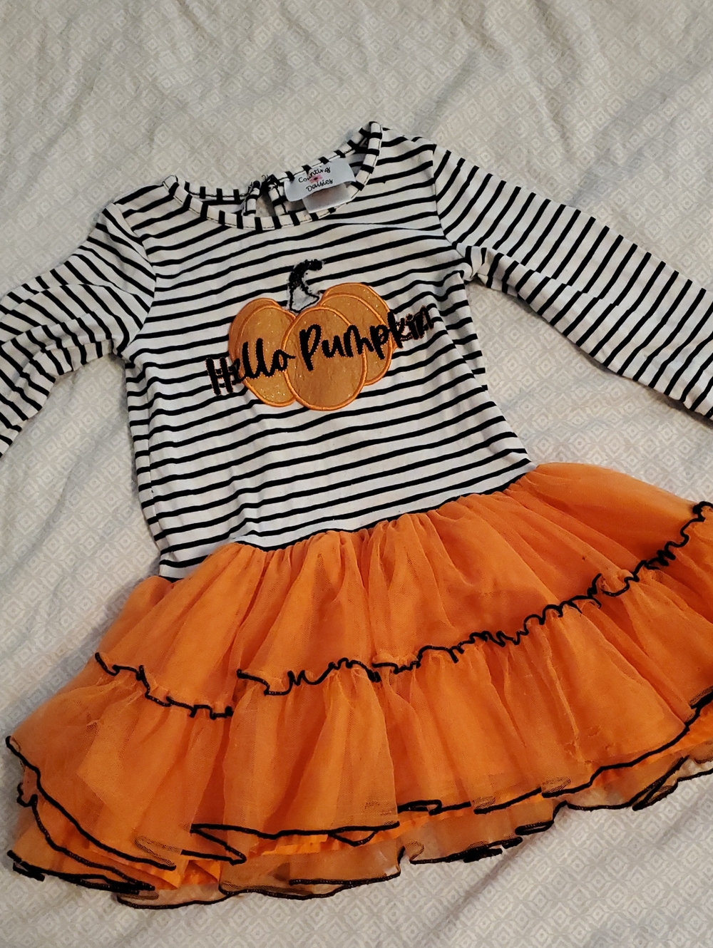 Counting DAISIES Black & White Striped Dress with Orange Tutu Pumpkin Applique